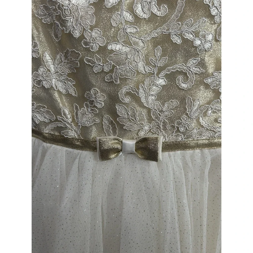 New Jona Michelle‎ Girls Floral Appliqué Metallic  Ruffle Dress size 8 Ivory